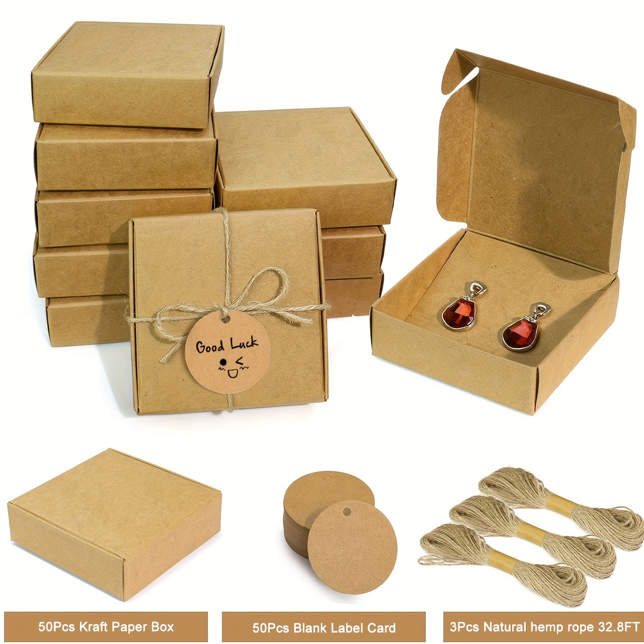 Image of /50pcs Set Paper Jewelry Gift Boxes 3.15×3.15×1 Inches, With Blank Tags And Jute String Suitable For Packaging Displaying Necklaces, Earrings, Rings, Bracelets Practical Convenient Supplies