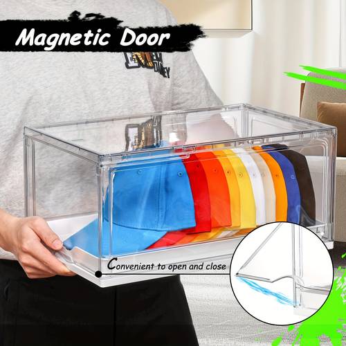 organizzatore per cappellini da baseball, scatola portacappelli con , portaoggetti capiente per cappellini con vassoio estraibile, espositiva impilabile con porta magnetica, capacità di 12 cappellini ciascuno