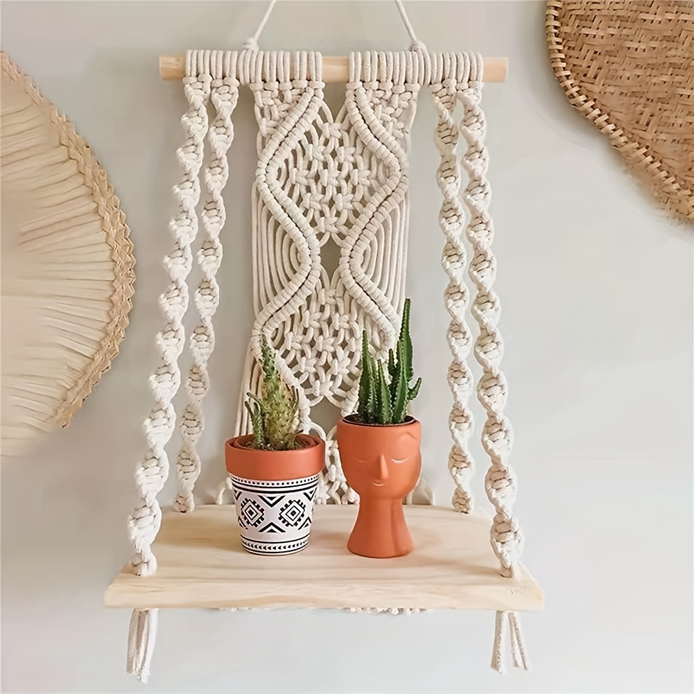 TEMU Woven Wall Hangings, Handcrafted Bohemian Tapestries, Wood Veneer Storage Shelves For Bedroom And Bathroom Decoration, Bohemian-style Wall Decor, Floating Shelves