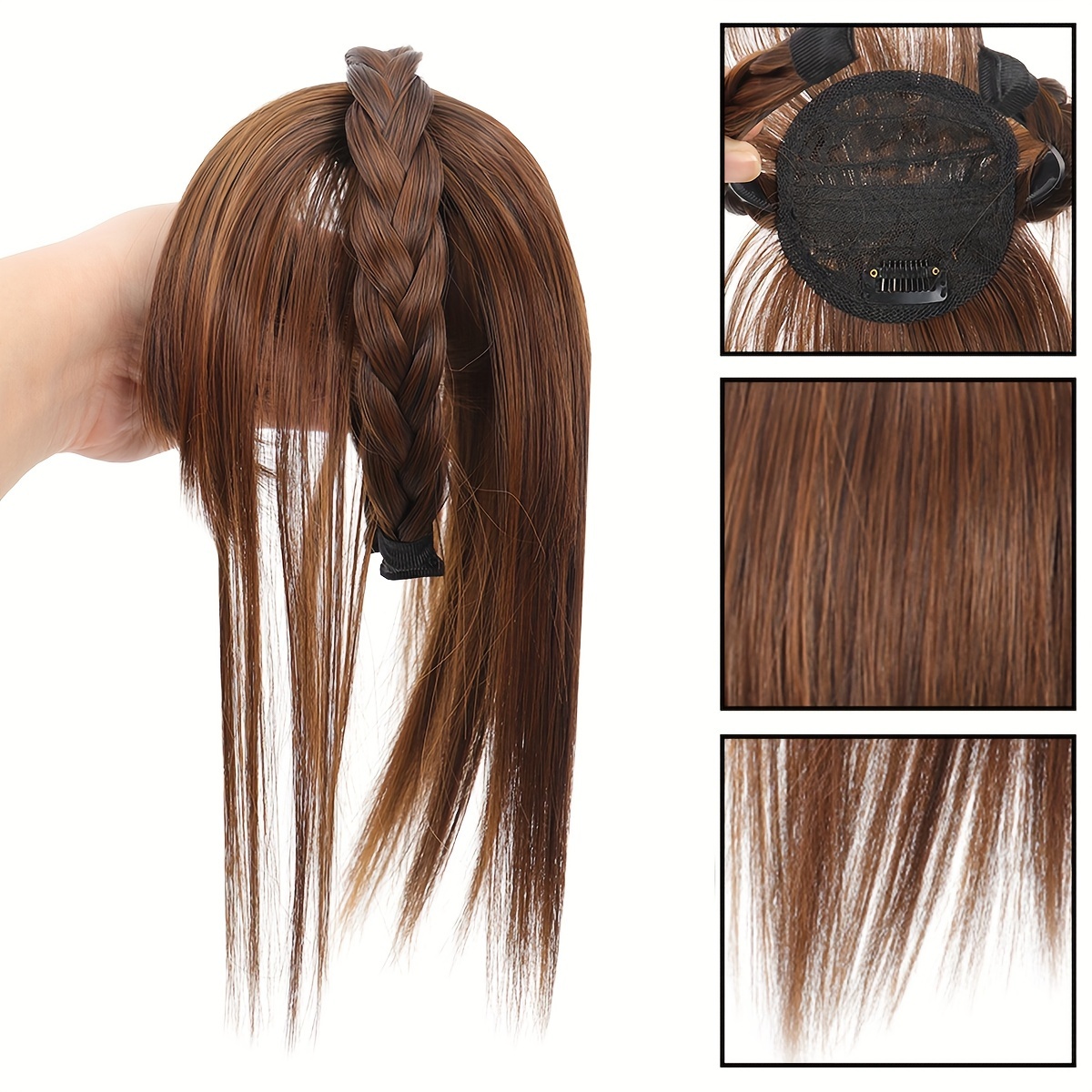 chic braided headband with clip in hair topper bangs natural look synthetic straight hair extensions for   for casual attire hair accessories details 2