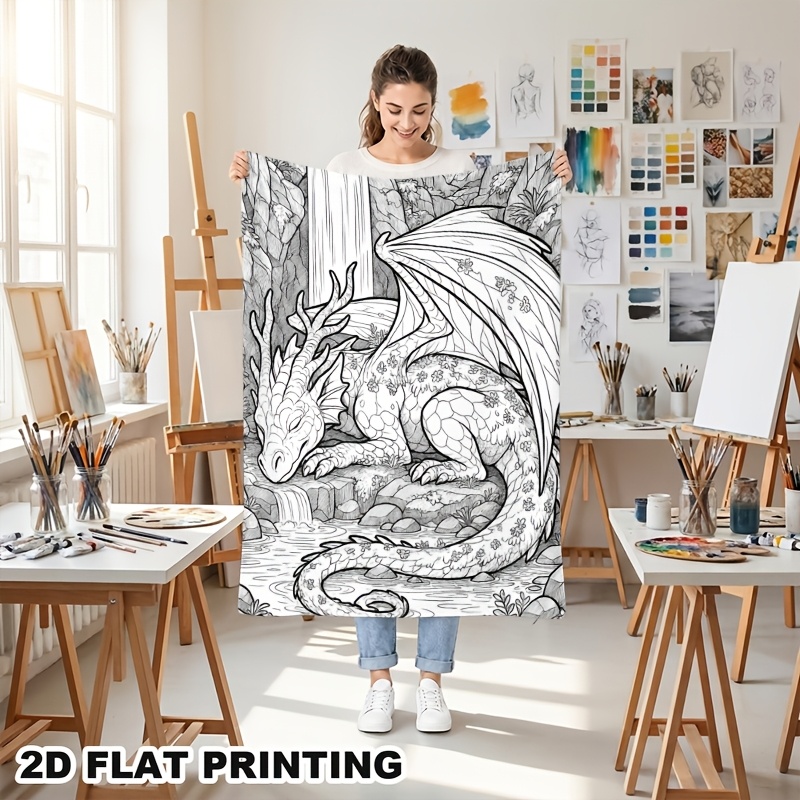 TEMU 1pc, Sleeping Dragon Pattern Fleece Blanket Black And White Line Drawing Design Skin-friendly Comfortable Plush Cover Lightweight Warm Sofa Bed