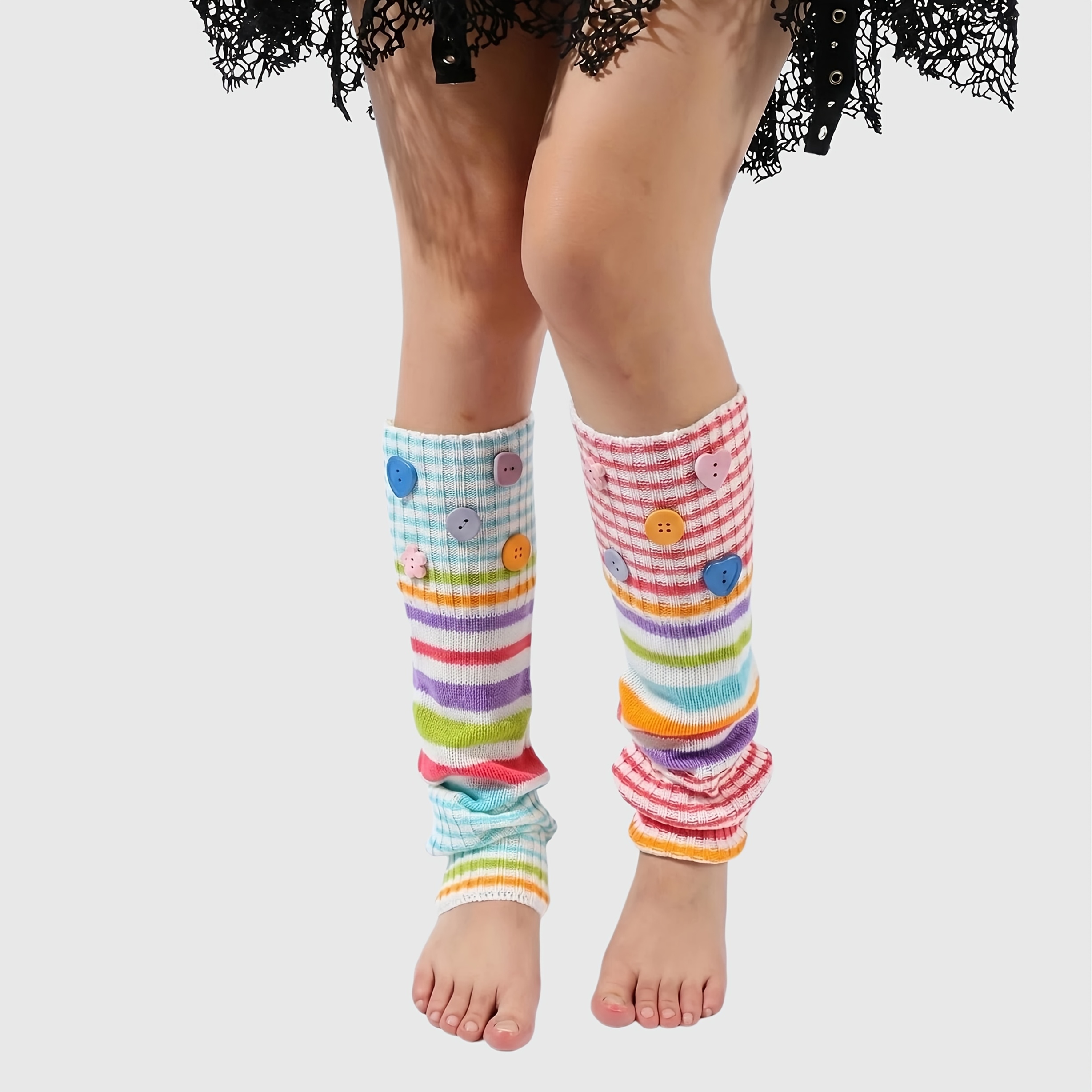 1 Pair Button Striped Socks Cute Pink Leg Warmers Button Position Color Random