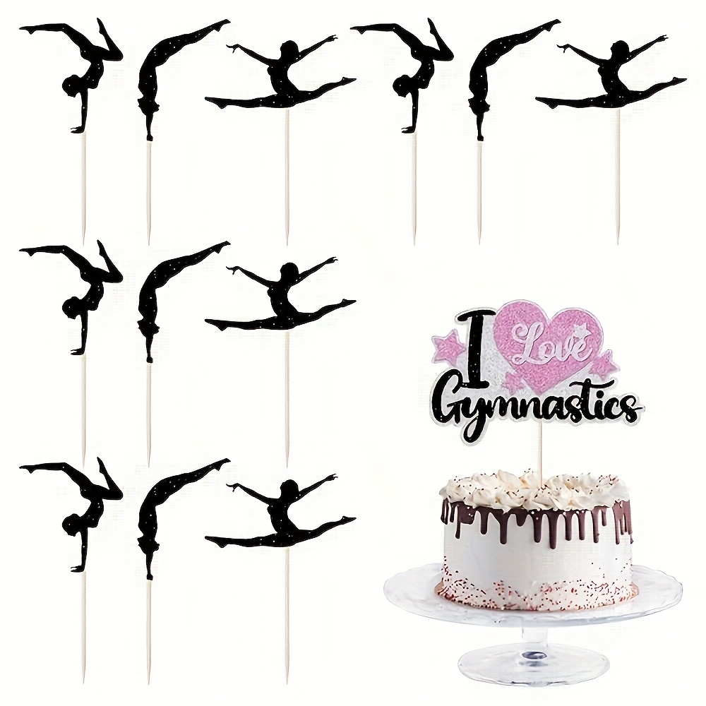 Image of 13pcs Set Of Glitter Gymnastic Cupcake Decoration-black, Silvery, Pink Cake Topper-gym Theme Birthday Party Cake Decoration