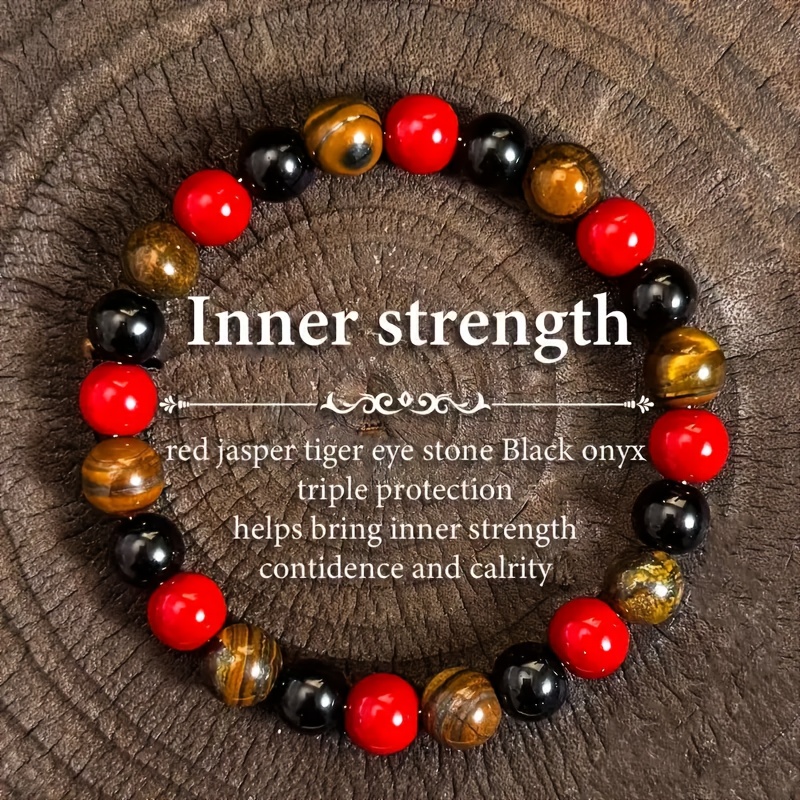 TEMU 8mm Natural Gemstone Bracelet - Red, Eye, And Black Onyx Beads - Grounding Yoga Jewelry For Women And Men - Vintage Boho Style Sports Accessory,