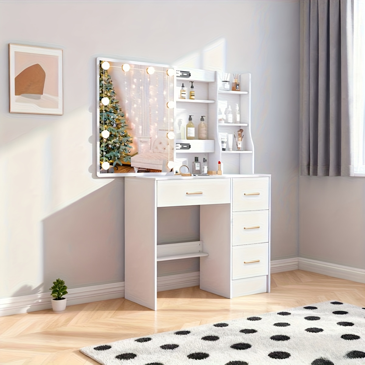 TEMU Christmas New Arrival Ladies' Gift: Vanity Table Features Multiple Led Bulbs In , Adjustable Brightness On -up Mirror, Multiple Drawers, Open