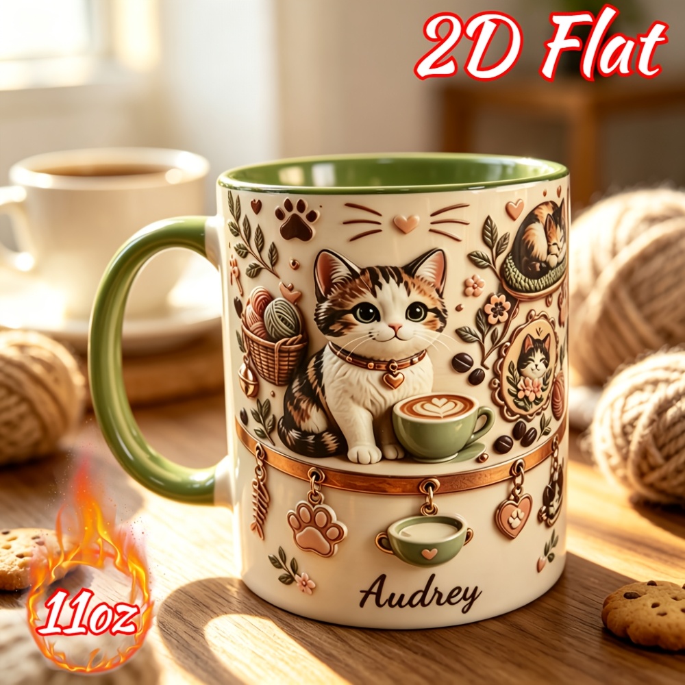 TEMU 1pc Name/text Cat Mug - Name/initials/chef/ Suitable For , Ceramic Cup With Calico Kitten, Milk-green Suitable For Cafes, Home, Gifts For Cat