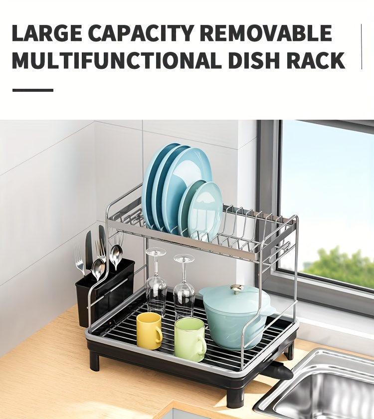 2 tier metal plastic dish drying rack with drain tray and swivel spout countertop kitchen storage organizer for dishes cutlery pots dish brush sponge holder multipurpose sink caddy for kitchen and bathroom accessories details 0