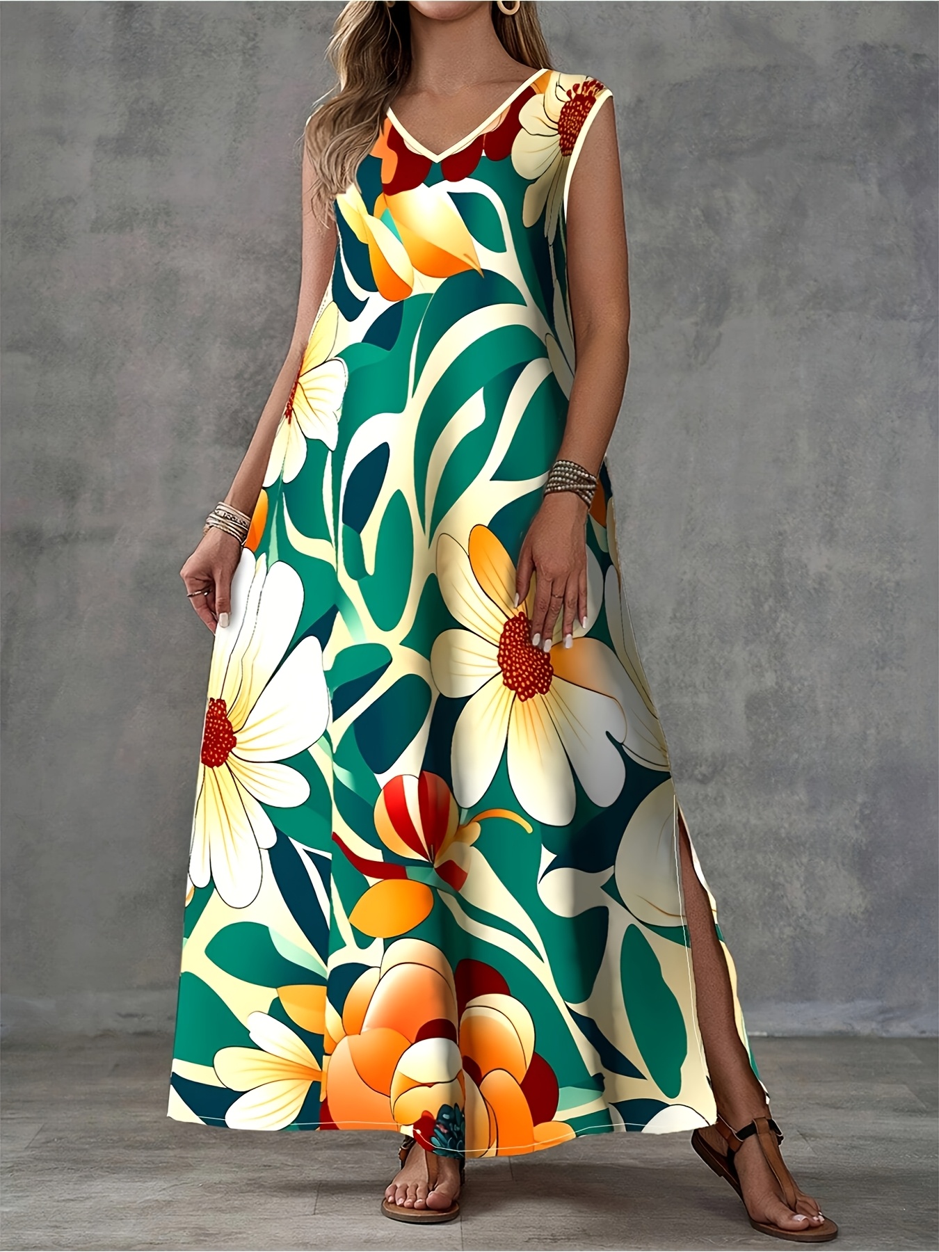 women's floral print v-neck casual dress - lightweight a-line summer dress  with side slit, machine washable elegant one-piece for spring/summer, cute summer  dresses, casual attire, flowy fabric | Shop Now For Limited-time