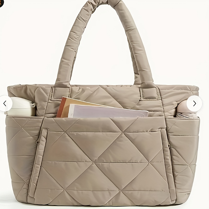TEMU Women's Large Capacity Luxury Handbag And Gym Tote - Heavy-duty Nylon Quilted Pattern, Beige/black, Multi-compartment Storage Design With