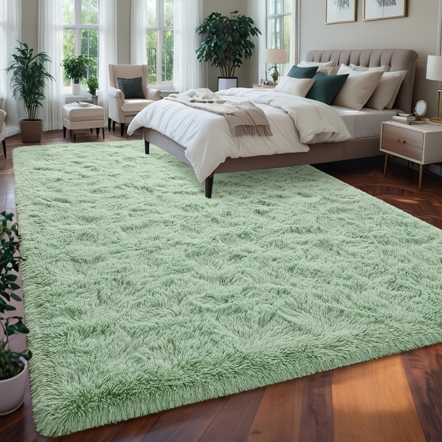 Image of Light Green Shag Carpet, Meticulously From High-density Polyester Fibers, Featuring A Thick, Durable 700 G/m² Pile. And Soft Against The Skin And Has A Soothing, . Each Carpet With 4 Non-slip Pads
