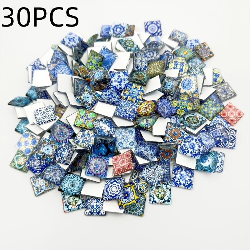 TEMU 30pcs Blue And White Porcelain Square Convex Crystal Glass Mosaic Stones Handmade Creative Decoration Additions Stickers
