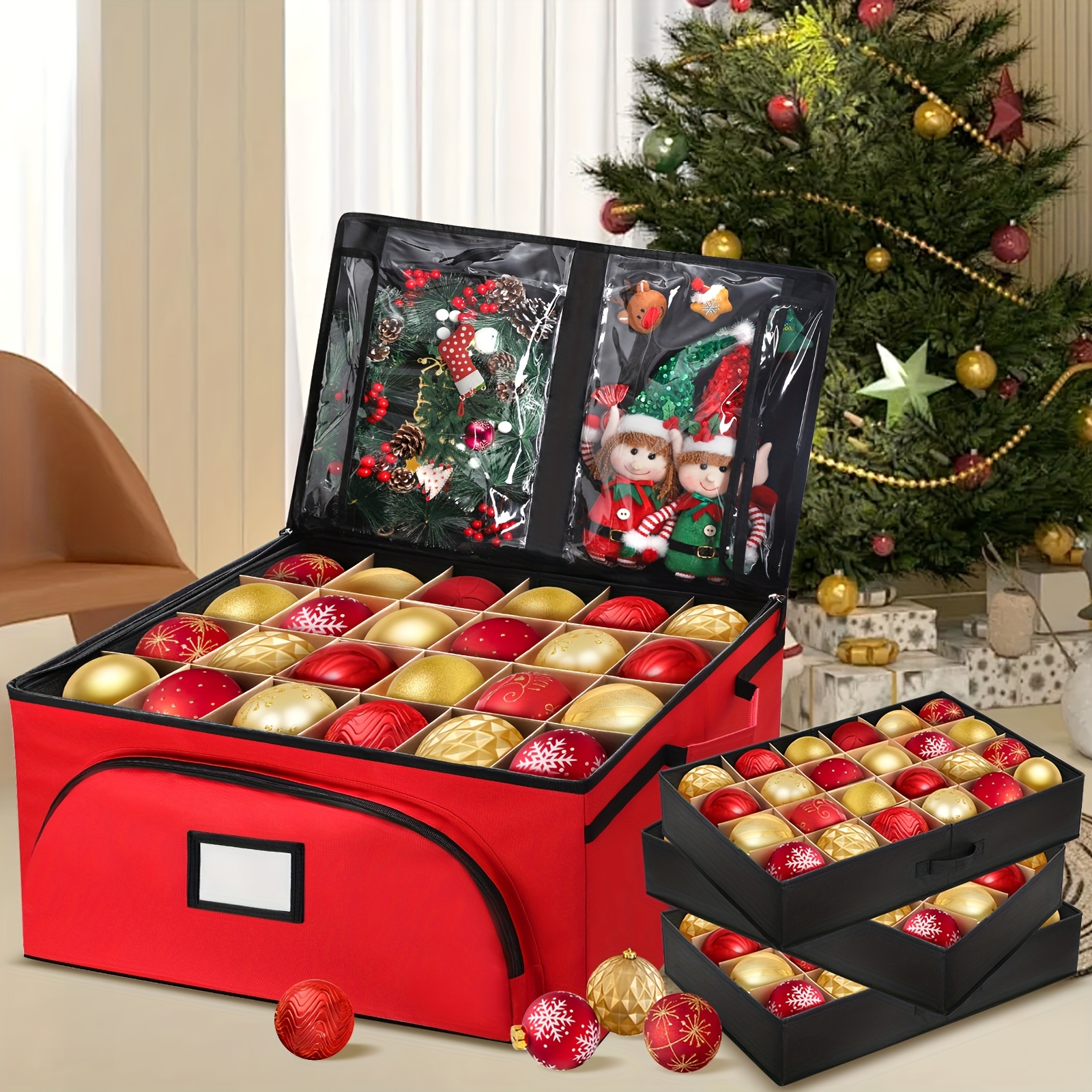 thumbnail image 2 of Patiobay Christmas Ornament Storage Box With 8 Trays - Stores Up To 128 Holiday Ornaments, Christmas Storage Container With Side Pocket, Adjustable Dividers, Card Slot, Tear-Proof Fabric - Green 2 of 10