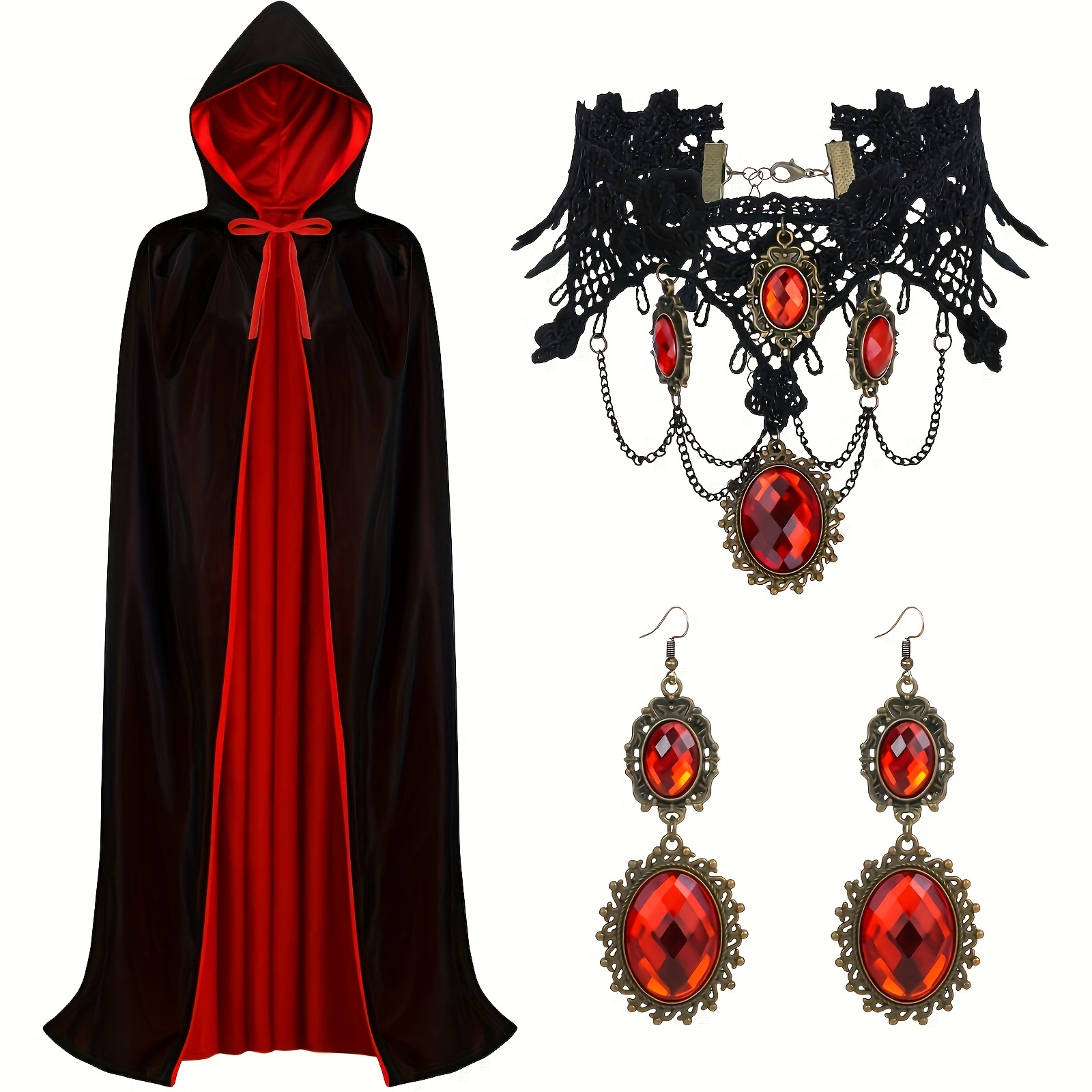 

3-piece Vintage Vampire Accessory Set - Reversible Black & Red Hooded Cloak Cape With Gothic Jewelry Ensemble, Polyester Vampire Cosplay Costume Kit For Carnival Parties