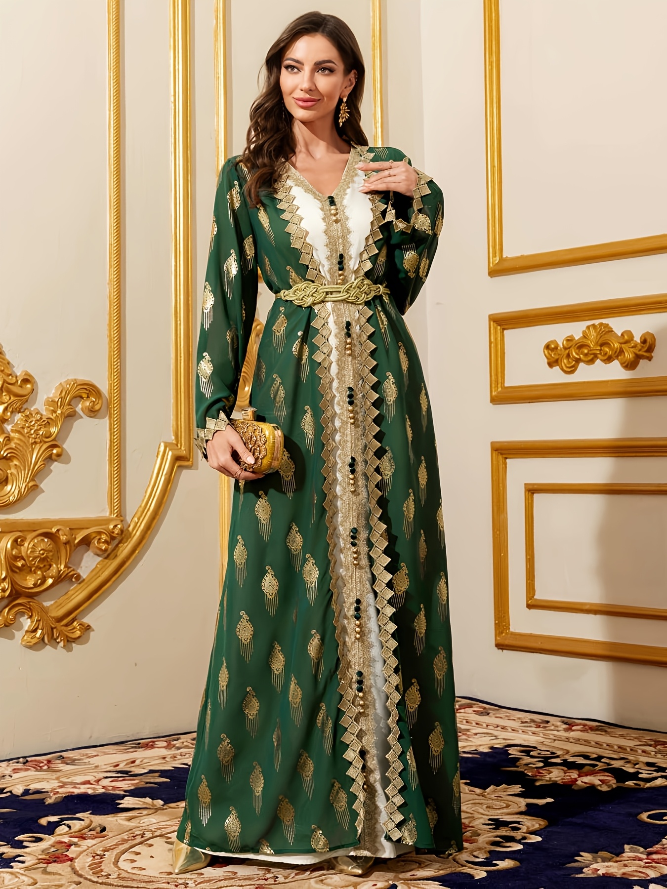 conservative long dress Veilorie Green Ruched Collar A-Line Dress Women's Indian Pakistani Wedding Traditional Modest Wear Loose Fit Woven Fabric Elegant Arabic Ext,XL
