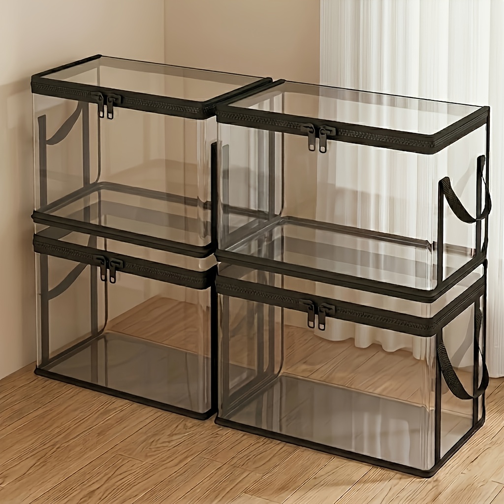 TEMU 4pcs Set Of Large, Thick Transparent Plastic Storage Bins With Hinged Lids, High-capacity Storage Bins For Books And Clothes - Space-saving