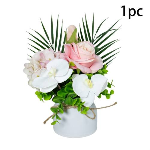 Artikelbild künstliche phalaenopsis-orchidee & rose im topf mit rosa rosen, weißen blüten & realistischem grünen laub – pflegeleichtes kunstblumen-arrangement für hochzeit, büro-dekor, tisch-mittelstück, behälter inklusive (kein gießen)