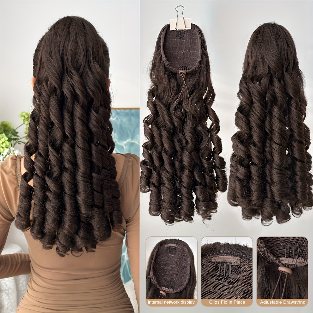 TEMU Extension per con coulisse, clip per capelli, , marrone, , sfumatura di , , di capelli sintetici a profonda da 20 pollici, per Natale, feste di