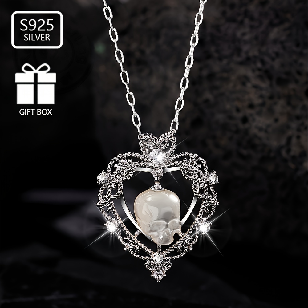 

1pc S925 Sterling Silver Gothic Style Love Heart Skull Head Pendant Necklace For Women, Commemorative Jewelry Gift 5.18g/0.18oz