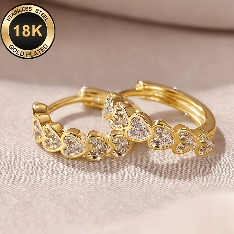 TEMU 2026 New 18k Gold-plated Heart-shaped Cubic Synthetic Zirconia Earrings, Hypoallergenic Women's Hoop Earrings, Stylish And Exquisite Accessory