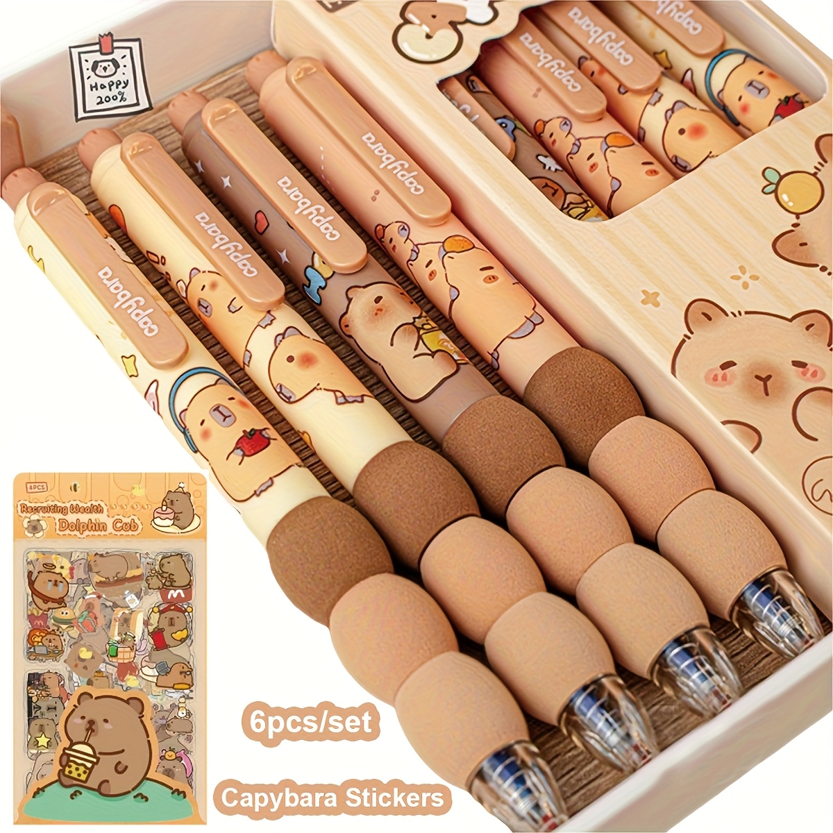 Image of 4pcs Erasable Pens Set With 6pcs Capybara Stickers, 0.5mm , Retractable, Blue Ink, School, Office, And Stationery Supplies Gift