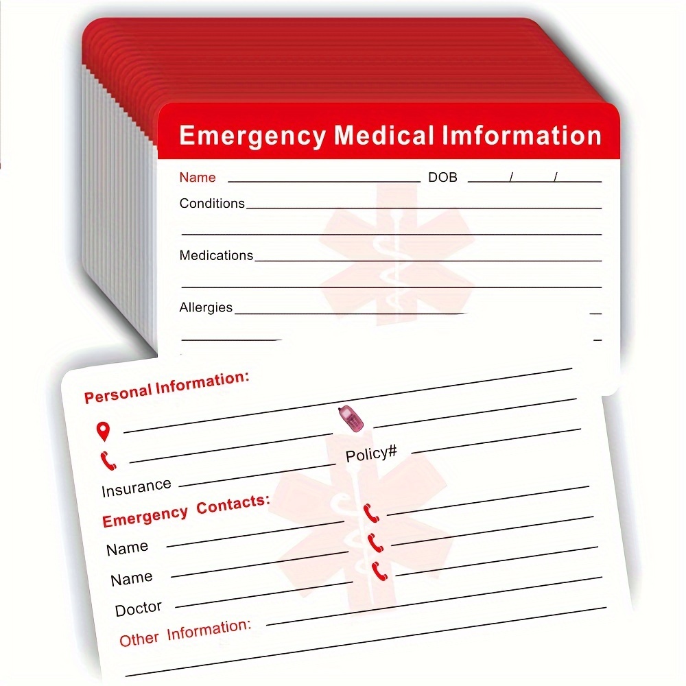 

10pcs Emergency Alert Cards - Quick & Peace Of , Matte , With Space For , Allergies, Medications & Contact , With Red