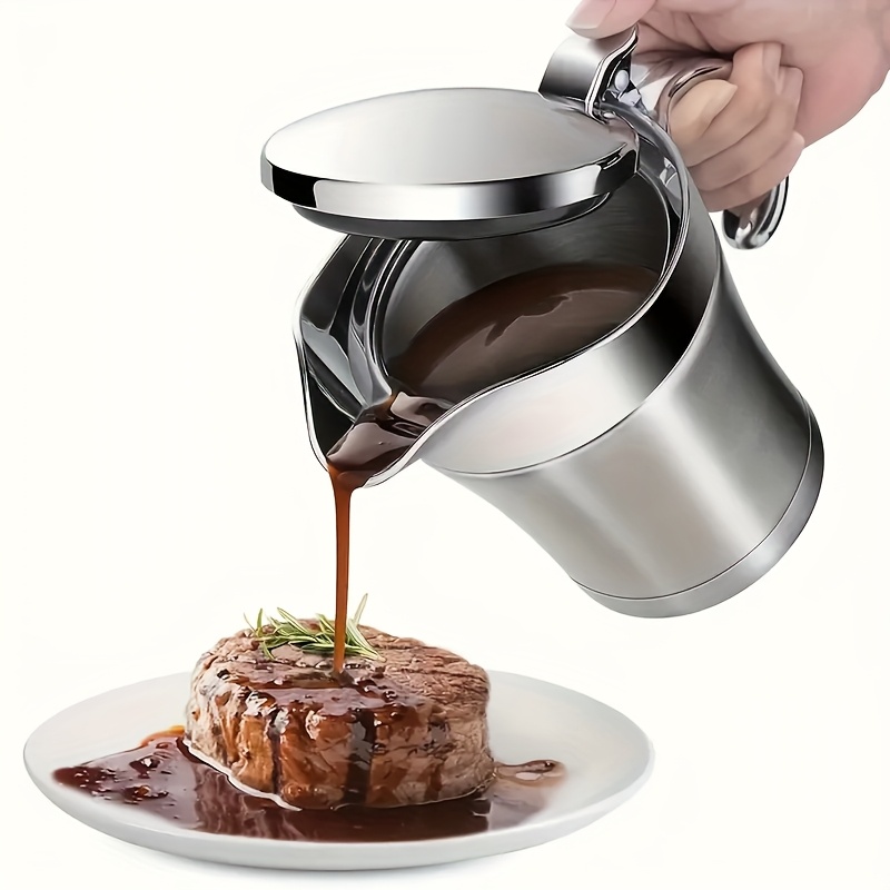 Image of Stainless Steel Gravy Boat With Hinged Lid - Insulated Sauce Boat, 304 Stainless Steel Serving Dish For Home & Restaurant Use, Reusable For Creams, Gravies, Sauces - Hygienic