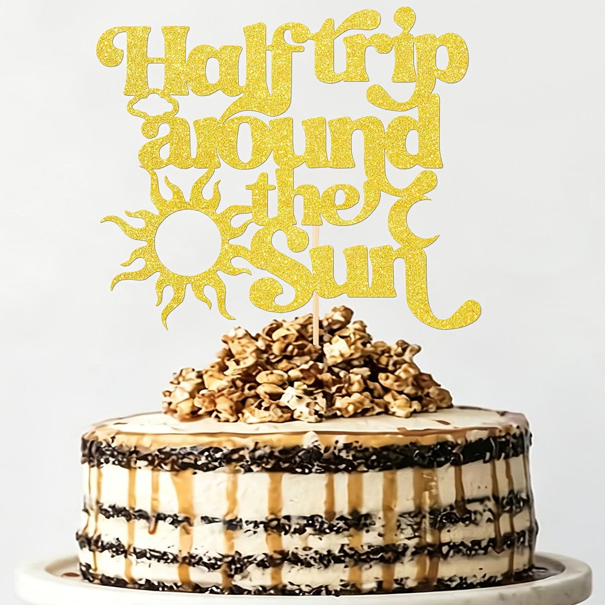Golden Glitter Half Trip Around the Sun Cake Topper for Baby Showers