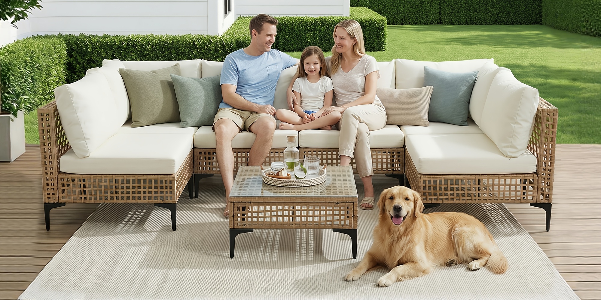 WENTUM 7pcs Outdoor Sectional Sofa Set, Boho Wicker Rattan Patio Furniture with Cushions And Table for Patio, Lawn, Backyard, Porch