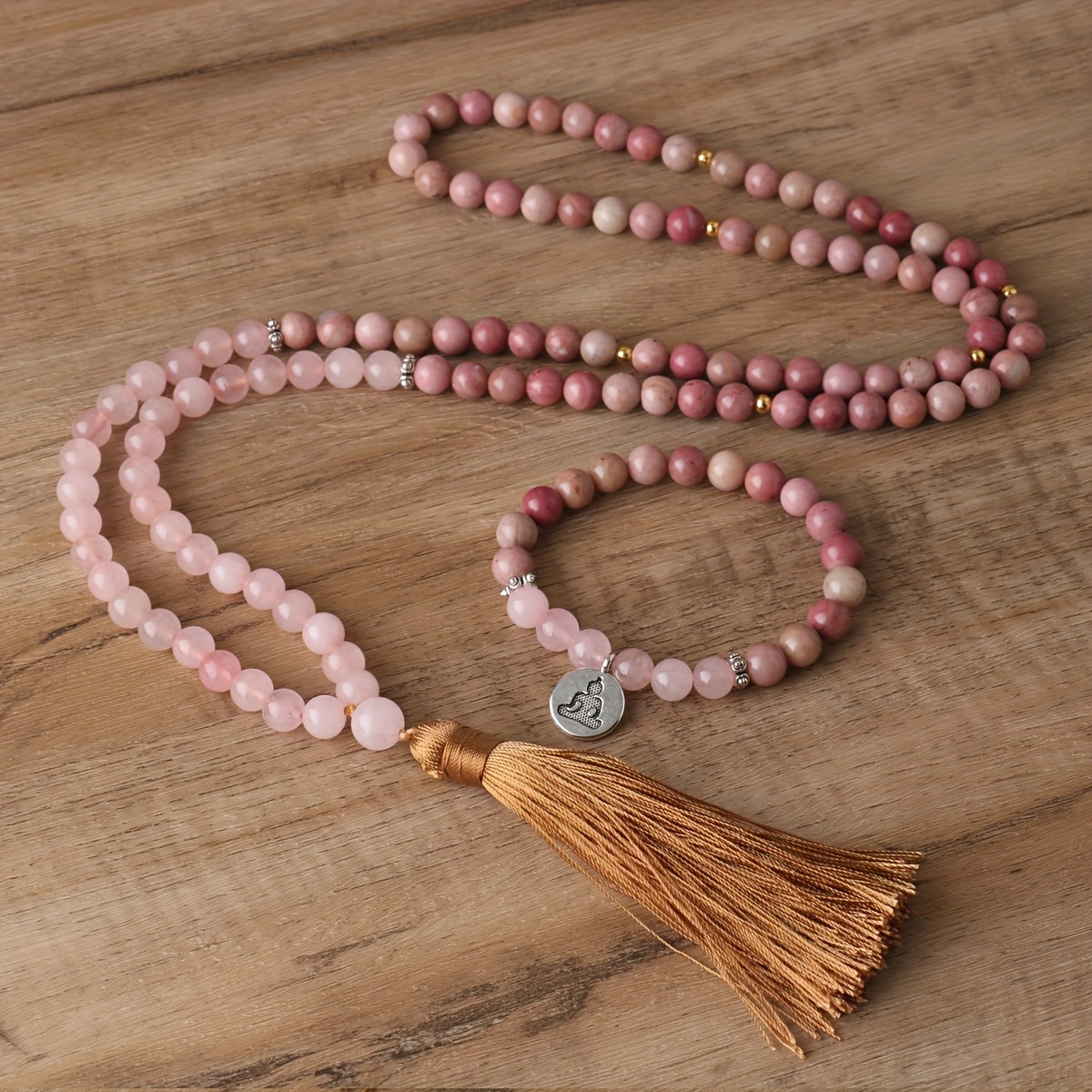 

1pc Handmade Rhodochrosite Rose Quartz Necklace Bracelet Set | Natural Stone Hand Knotted Mala Beads Necklace