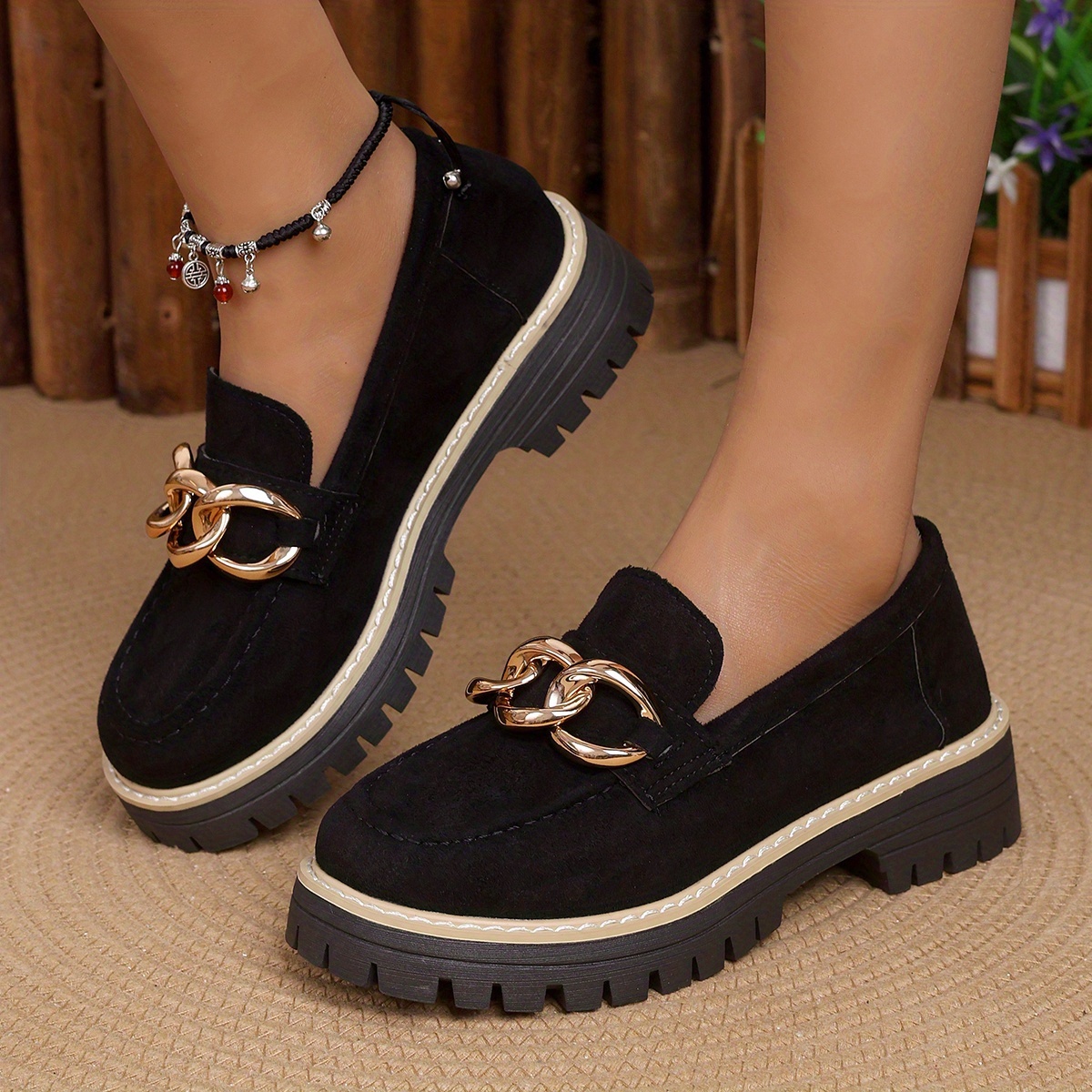 TEMU New Women's Plus Size Flat Shoes With Metal Chain, Thick Sole, Fashionable, Versatile, Casual Slip-on Loafers, Women Shoes Elegant Women Shoes