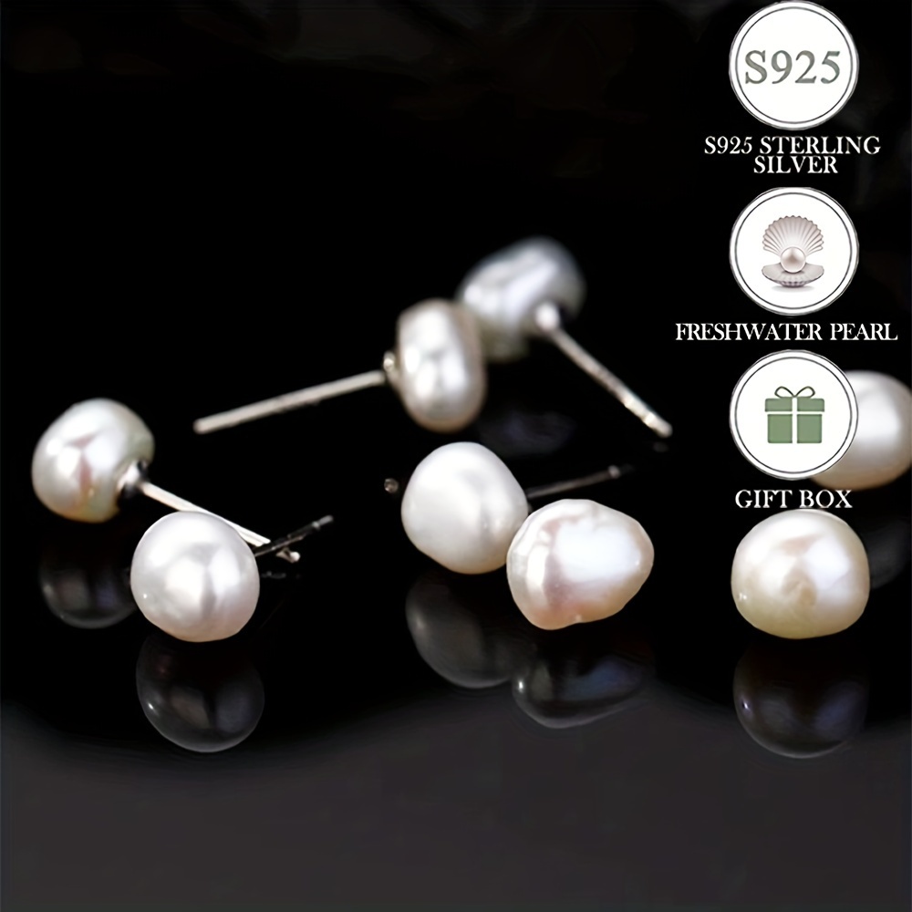 

Elegant S925 Sterling Silver Baroque Freshwater Pearl Stud Earrings, Fashionable Simplistic Style, Gift Box Included, Perfect Present For Women