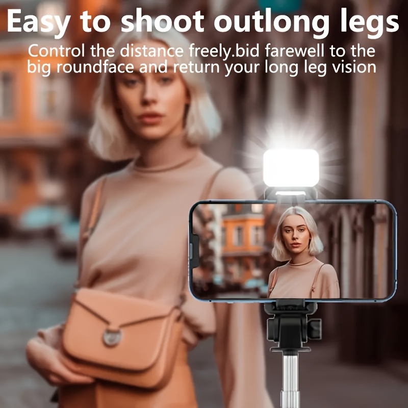 Expandable Selfie Stick for Phones Featuring an Integrated Fill Light, Designed for Professional Live Streaming. This Wireless Remote-Controlled Tripod Rotates 360° And Is Perfect for Hiking, Travel, Vlogging, And Outdoor Activities