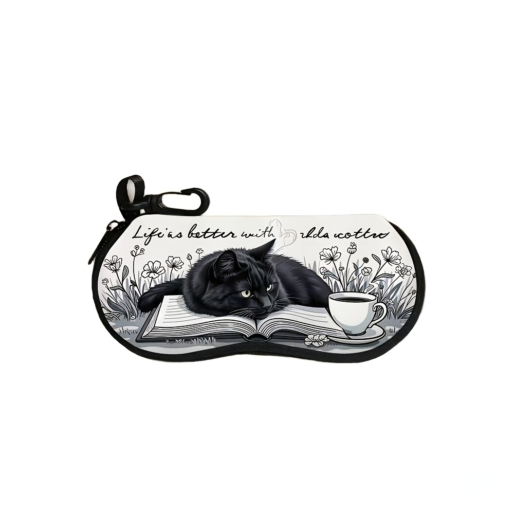TEMU Étui à lunettes portable et élégant à motif chat et café avec fermeture éclair, convient aux hommes et aux femmes. Le sac à lunettes est doté