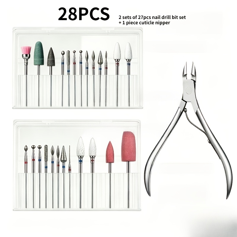 TEMU 28pcs Professional Electric Nail Drill Bit Set With Cuticle Scissors Suitable For Gel Acrylic Nails, // Grit Coarse/fine/medium Grinding Bits,