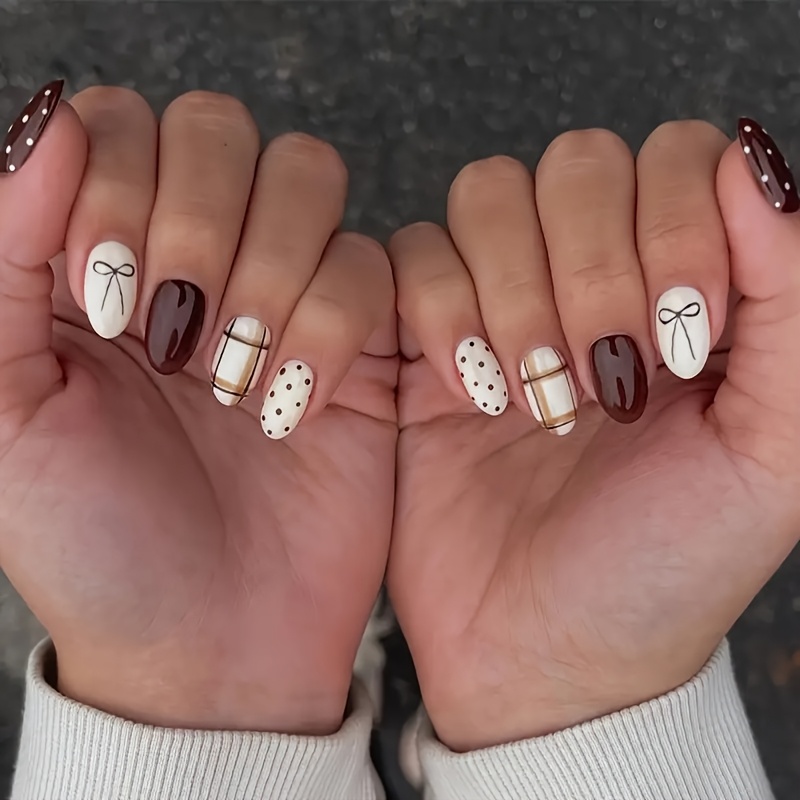TEMU 24pcs Exquisite Style Autumn Short Oval Fake Nails, Brown Polka Dot And Bow Designs, High Turnaround Rate Repurchase Model