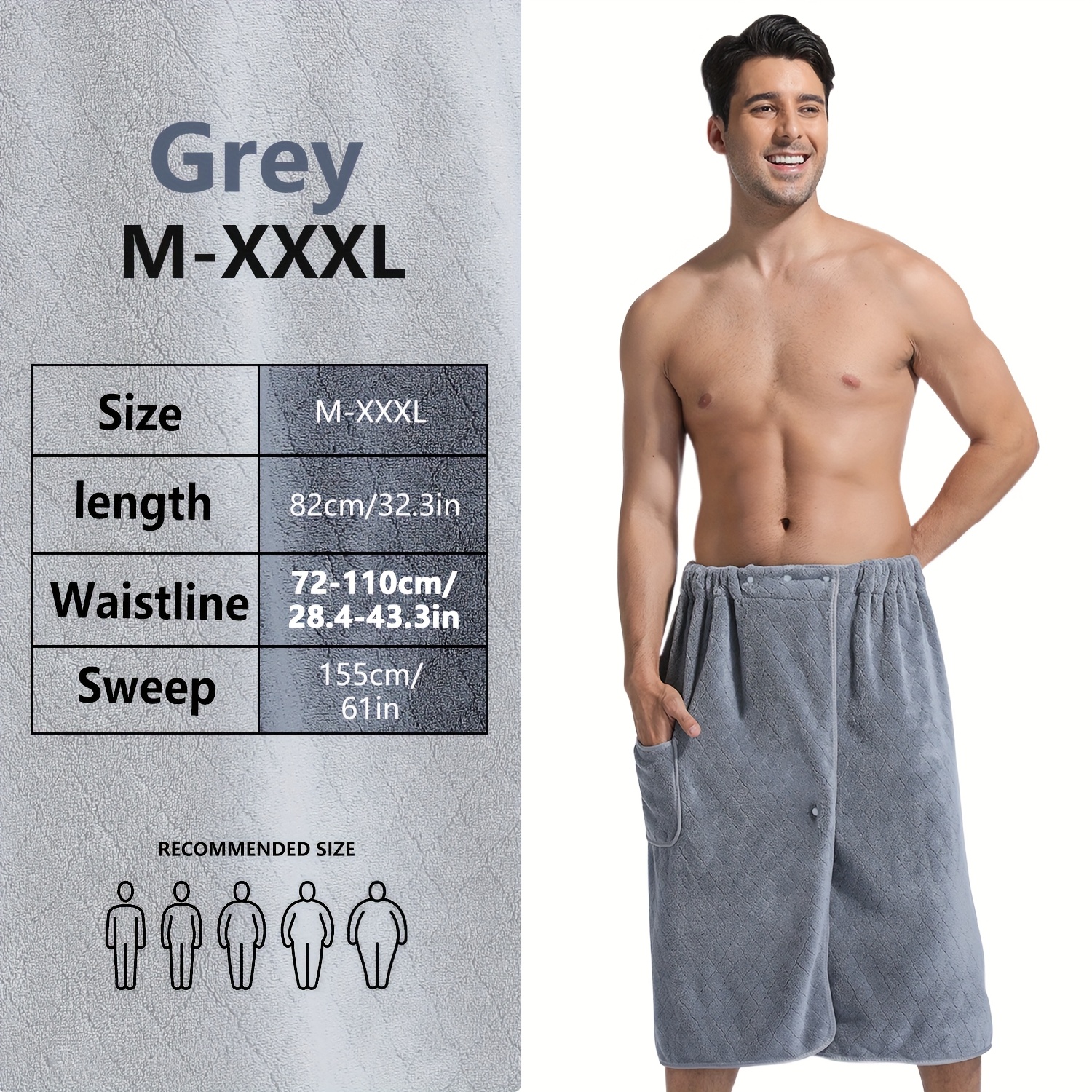 Image of 1pc 82*155cm 280gsm Suitable For M-xxxl Men's Bath Skirt Bath Towel Plus Size Bath Skirt Suitable For Home, Travel, Steaming, Spa, Beach, 32.28*61in