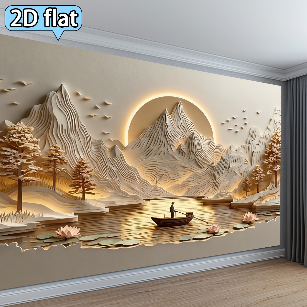2D Flat - 1pc Warm Color Paper Cutting Mountain Water Landscape Theme Banner Background Cloth Home Decoration Art Tapestry