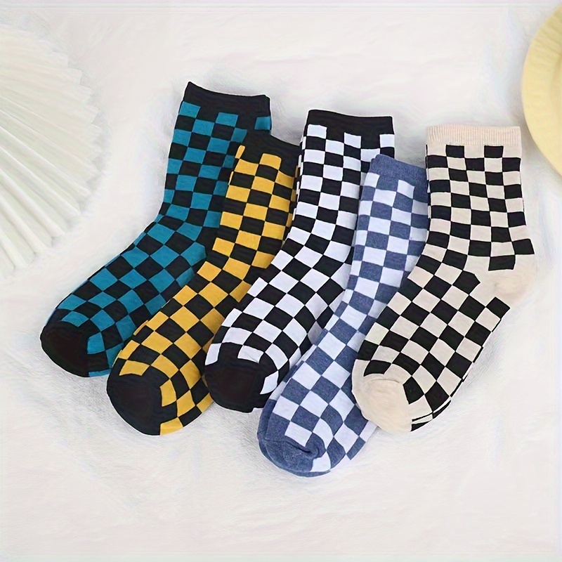 

5 Pairs Checkerboard Print Socks, Unisex Street Style Warm Mid Tube Socks For Fall & Winter, Women's Stockings & Hosiery