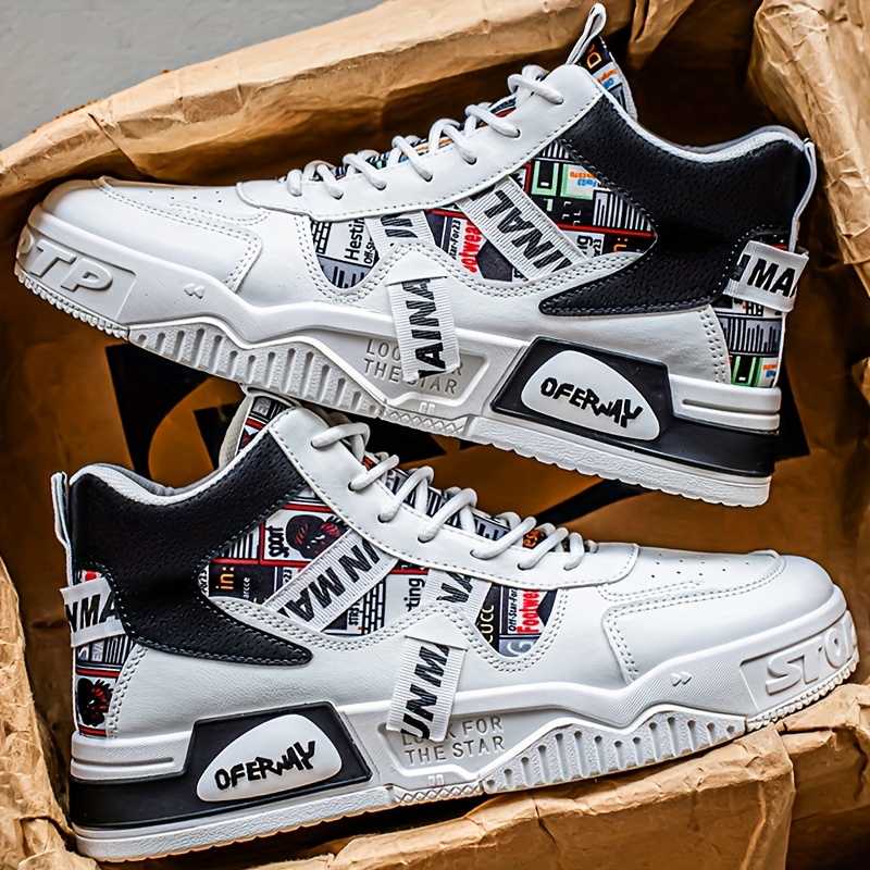 Image of Men's High-top Sneakers, Outdoor Flat Skate Shoes Suitable For Casual Activities And Fitness Training, With Random Letter Design On The Laces