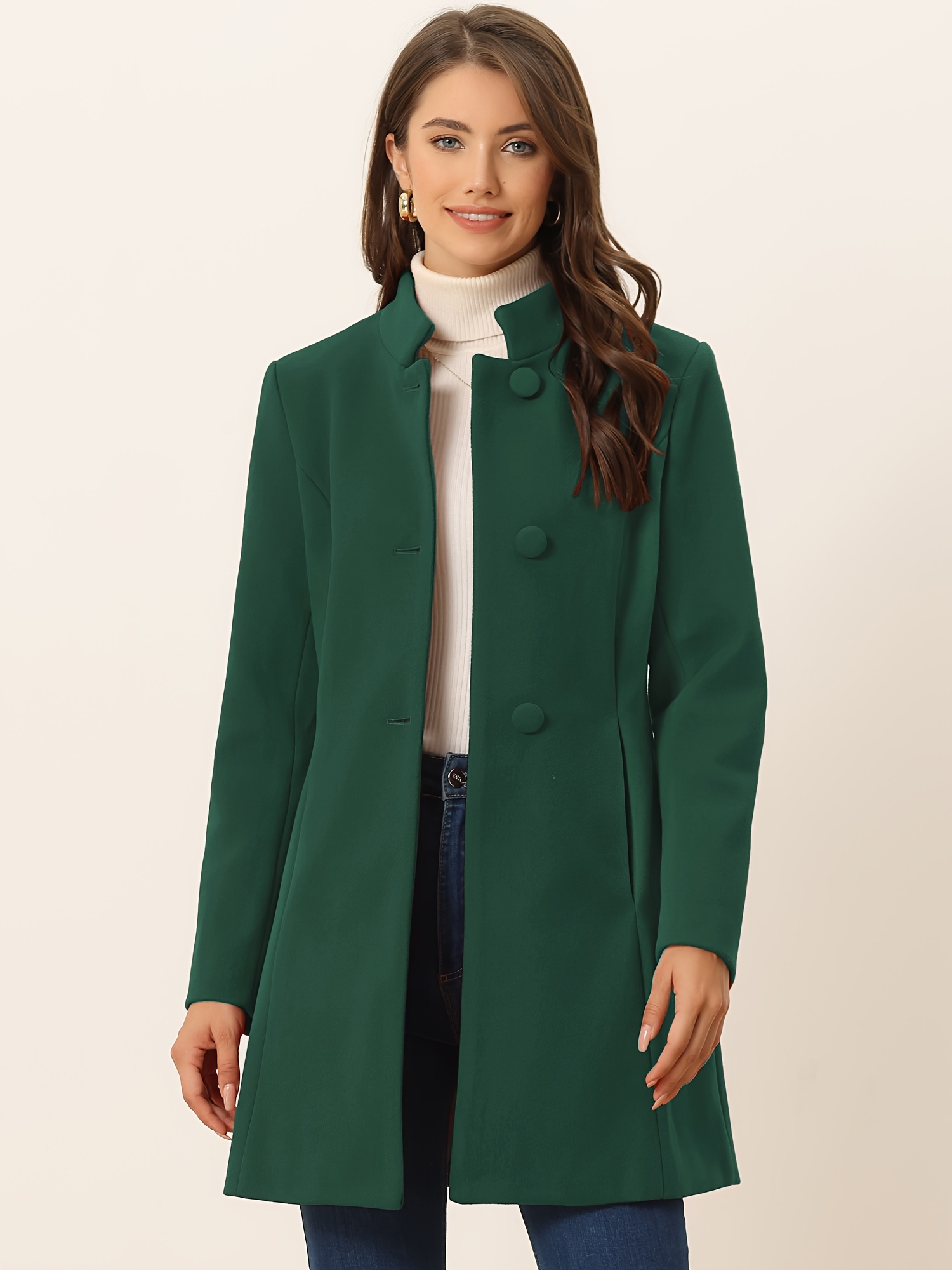 women winter long coat stand collar single - Temu