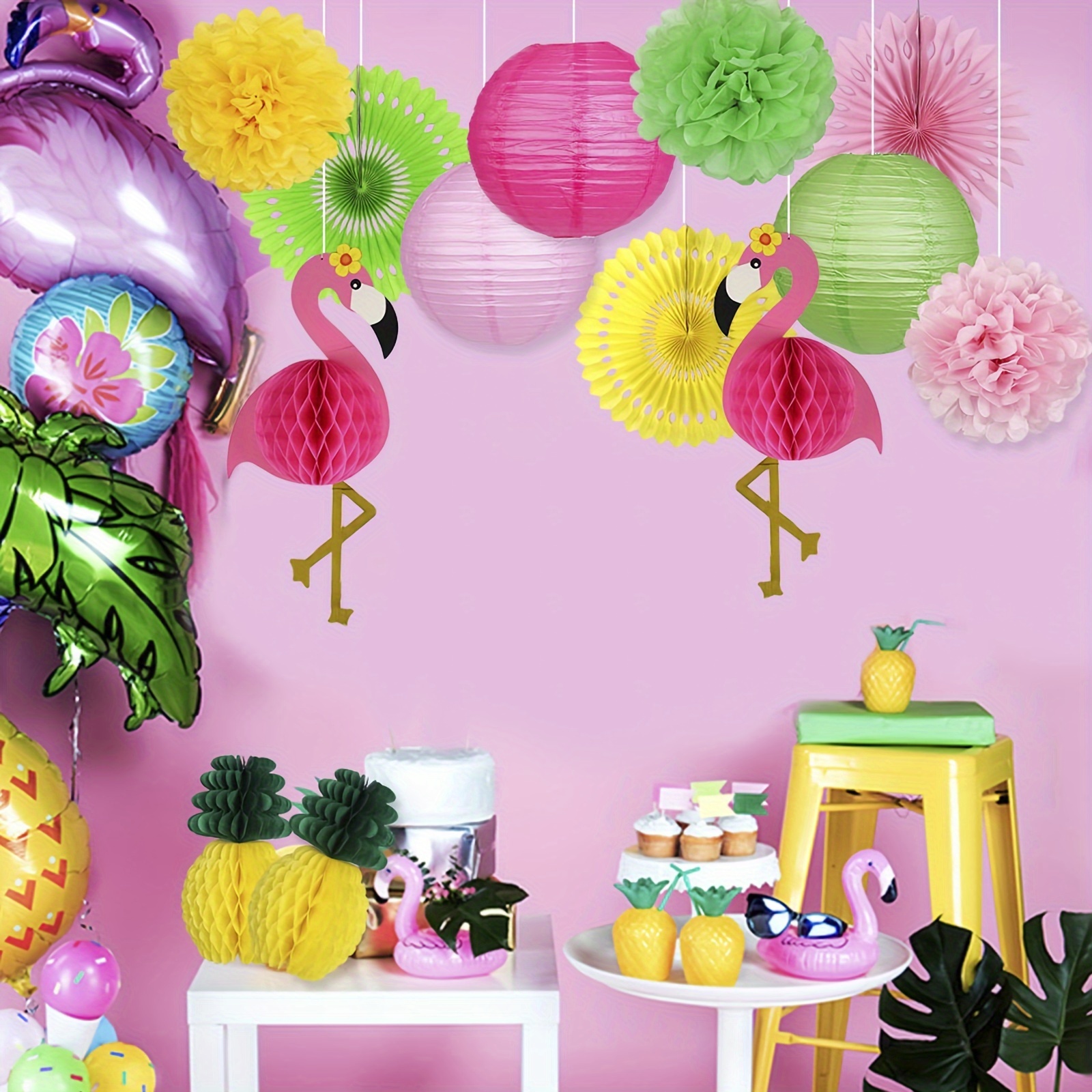 

Summer Party Decorations - Flamingo & Pineapple Honeycomb Balls, Paper Lanterns, Paper Fans, Tissue Pom Poms Set For Birthday, Bachelorette, Tropical Luau Party - Mixed Color, Iron & Paper