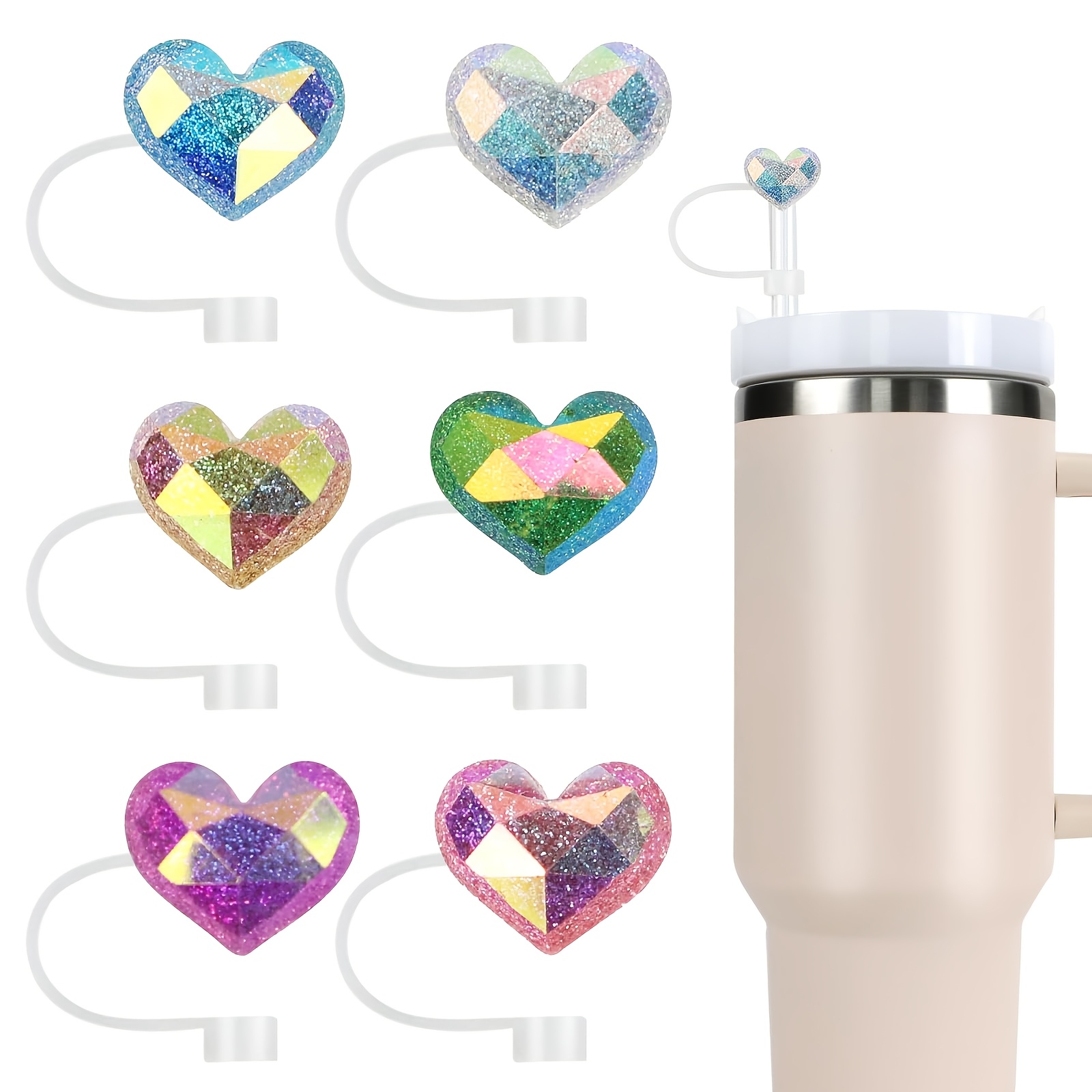 

6pcs Sparkling Heart-shaped Silicone Straw Covers - Reusable, Food-safe Accessories, Fits 10mm Straws, Assorted Colors