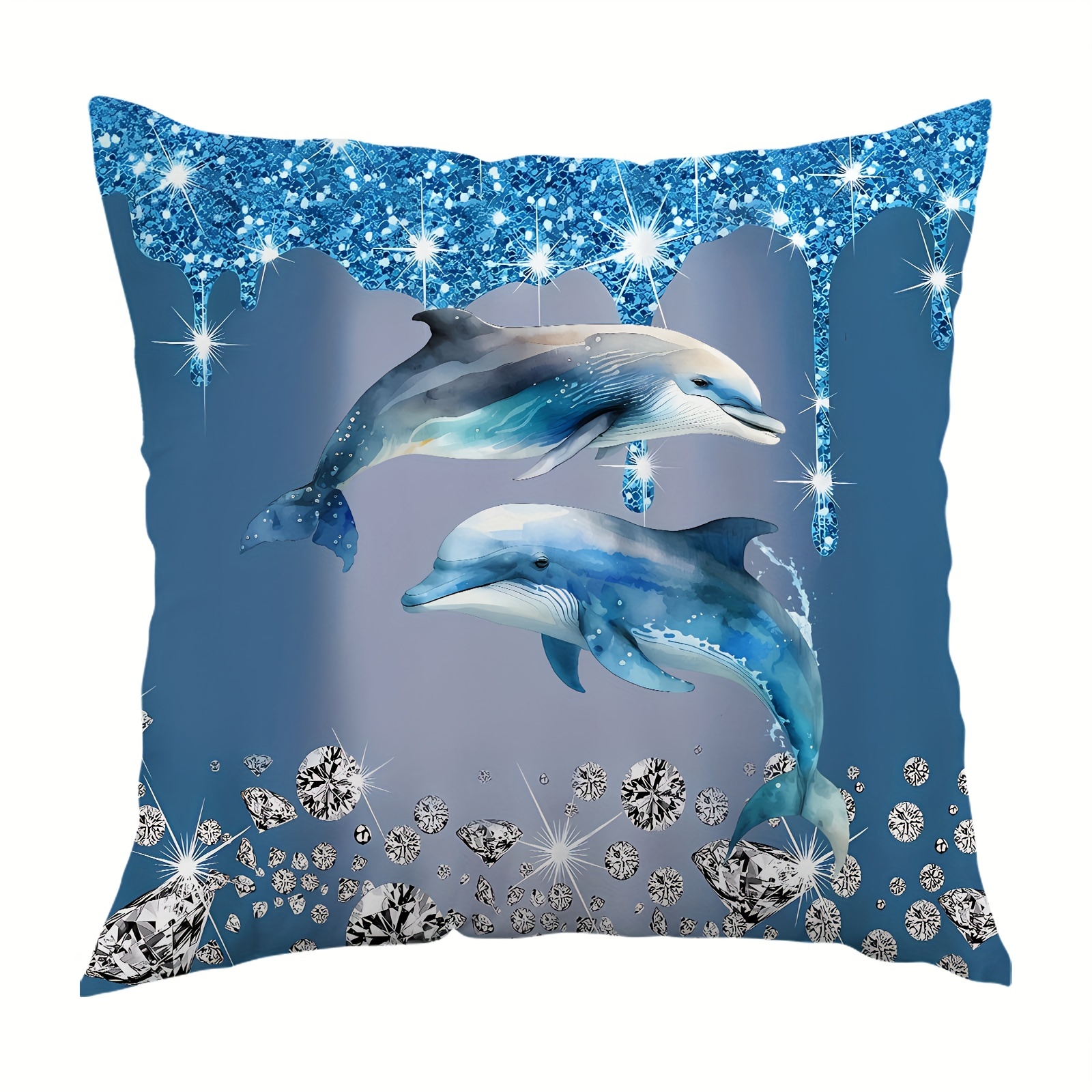 

Blue Starlight Diamond Dolphin Plush Throw Pillow Cover, 18x18 Inches - Zippered Single-sided Print For Sofa & Bedroom Decor, Machine Washable