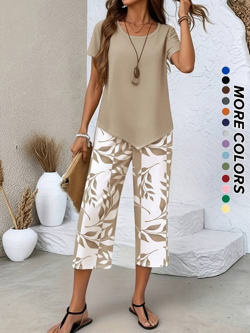 item picture spring and summer womens casual two piece set light blue short sleeved round neck and print quarter wide legs loose and comfortable versatile and casual set for daily home and commuting