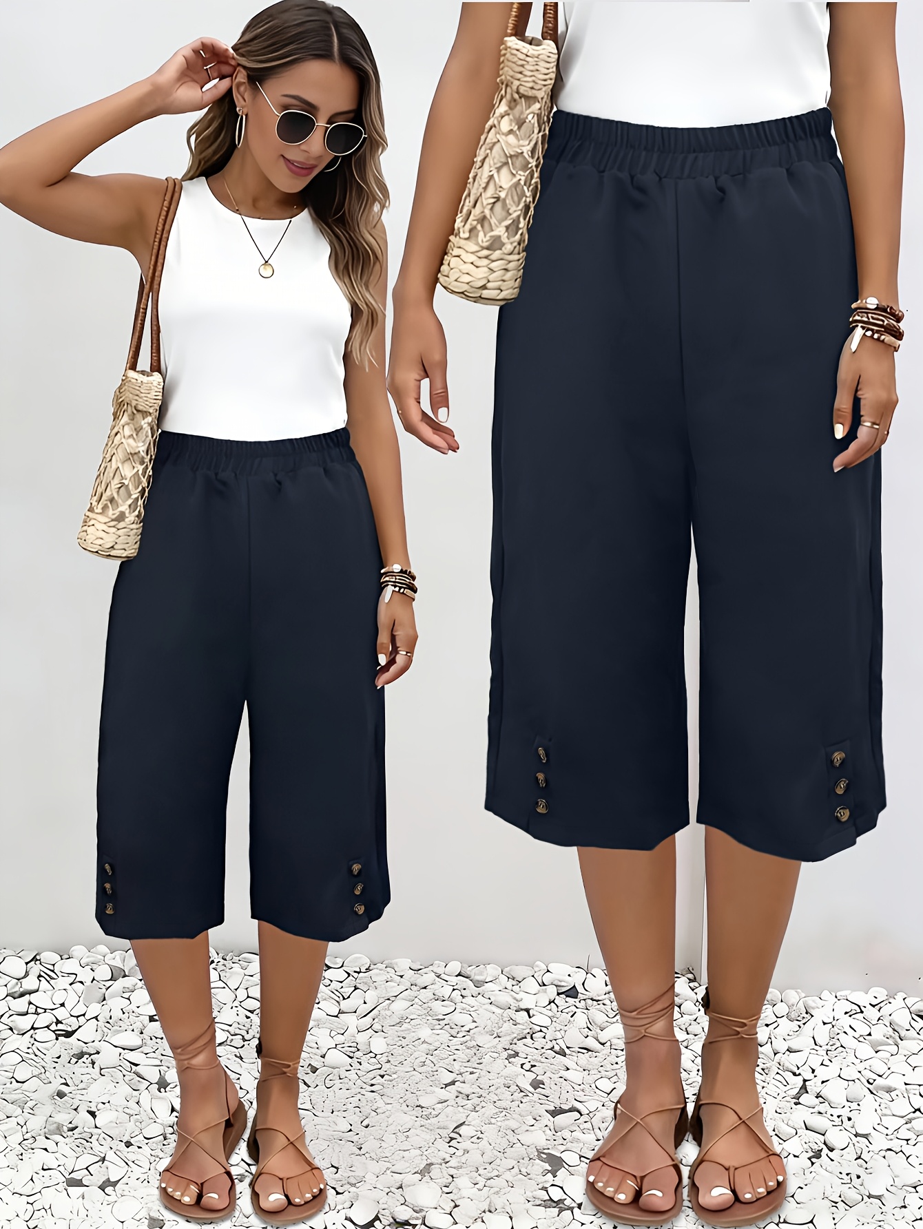 womens loose fitting capri pants button details elastic waistband   beach and casual occasions standard size solid color casual pants  