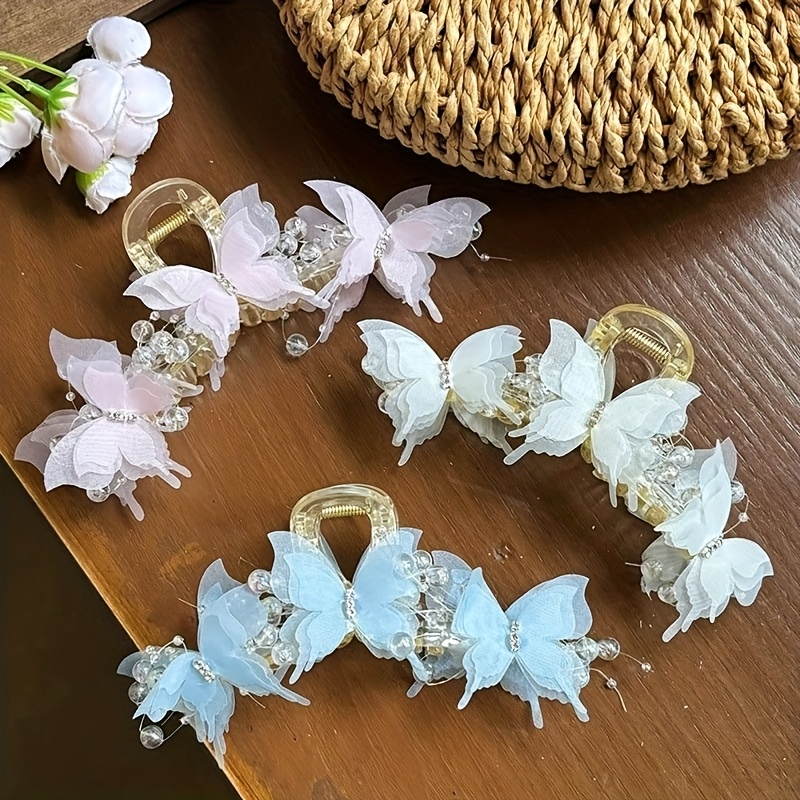 E-shop 2/3 Stück Damen Große Rosa Weiße Schmetterling Perlen Haarspange Blaue Schmetterling Haarspange, Elegante Romantische Süße Feen Haarspange,