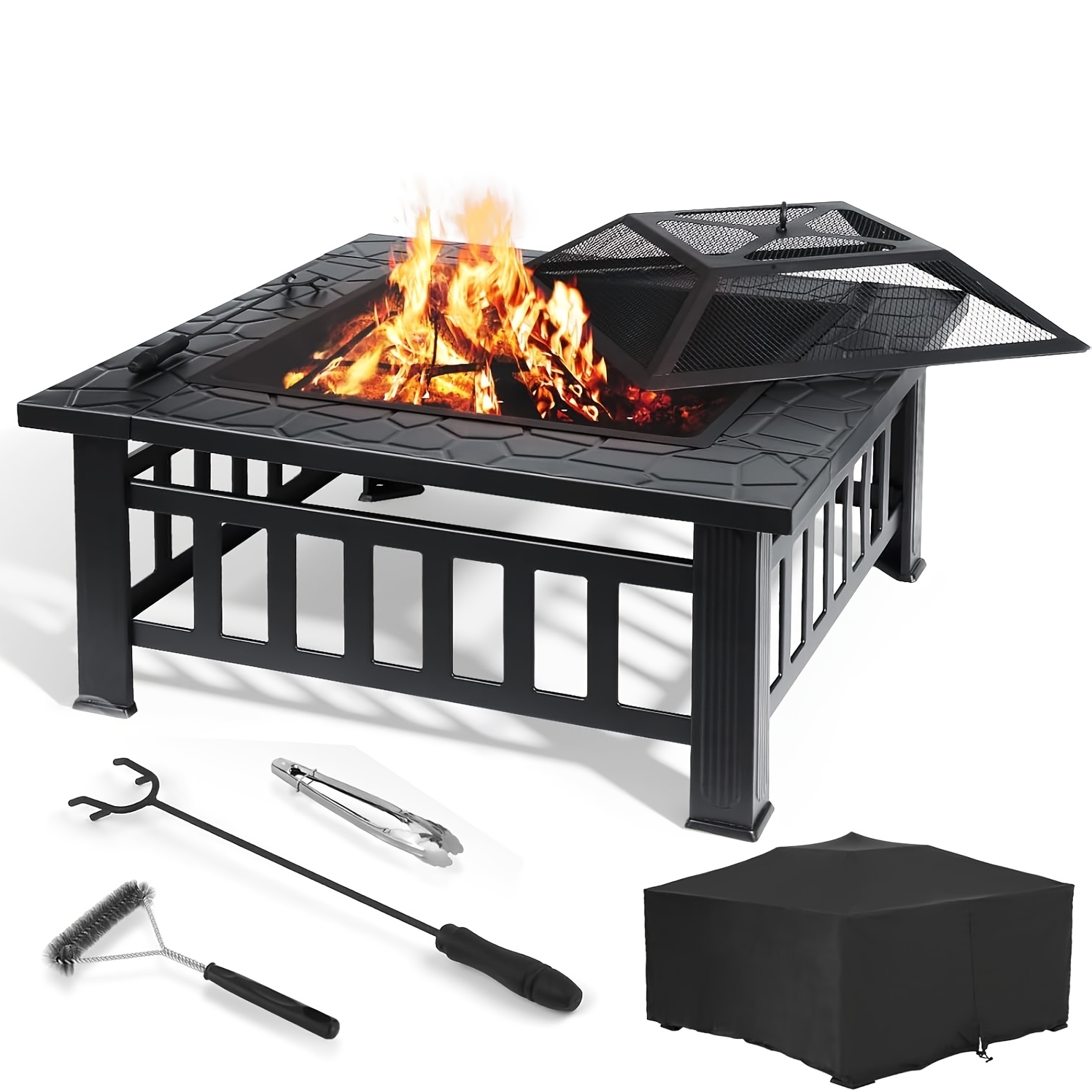 E-shop 81cm Feuerstelle mit Grillrost | 3-in-1 Feuerkorb mit Funkenfilter, quadratischer Feuerkorb, Kamin für Terrassen im Freien mit 4 Beinen, Heizung