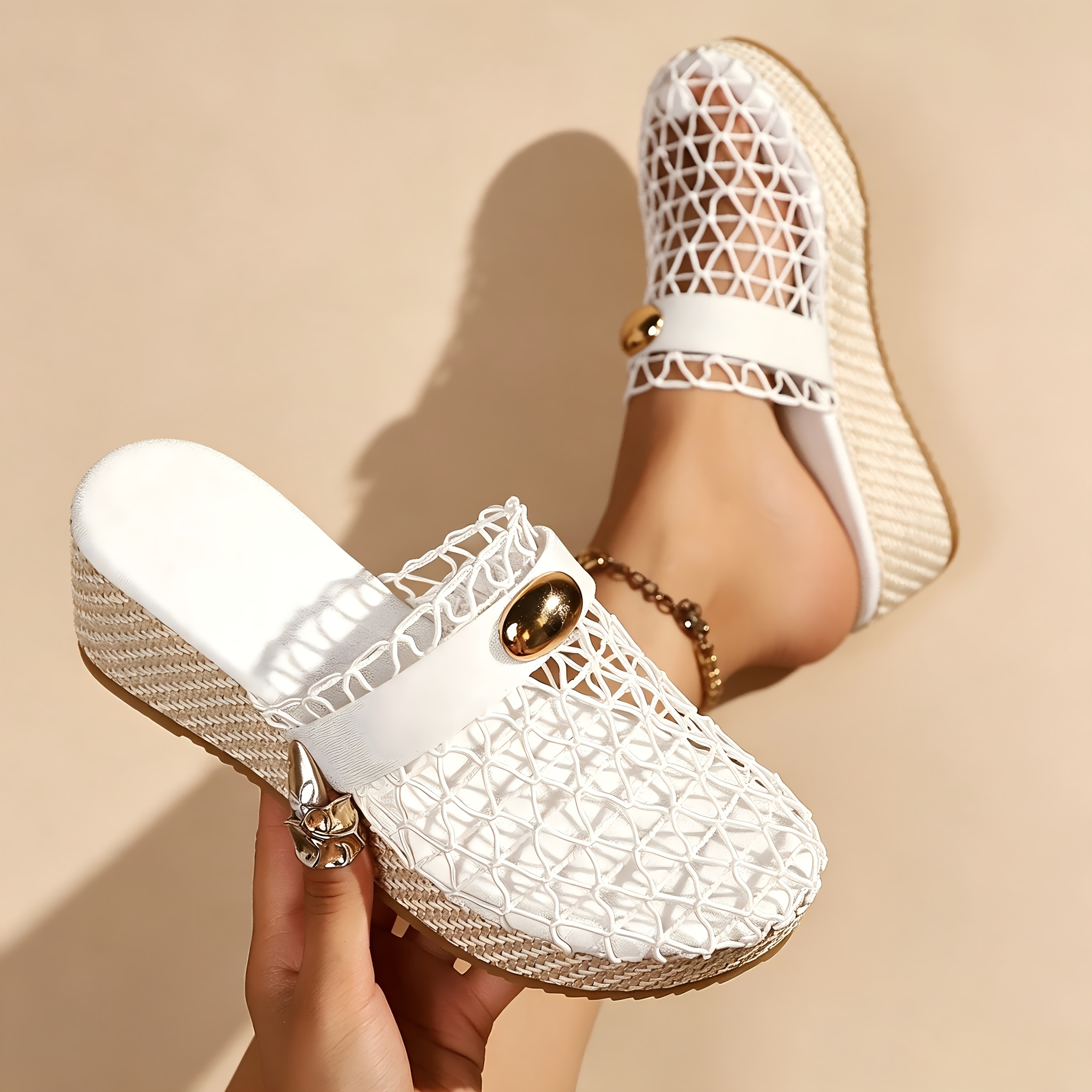 TEMU Boho Hollow Mesh Platform Wedge Sandals, Ladies Oval Metal Ornament Espadrille Mule Slides For Daily Resort Wear, 3 Colors Optional, Women Shoes