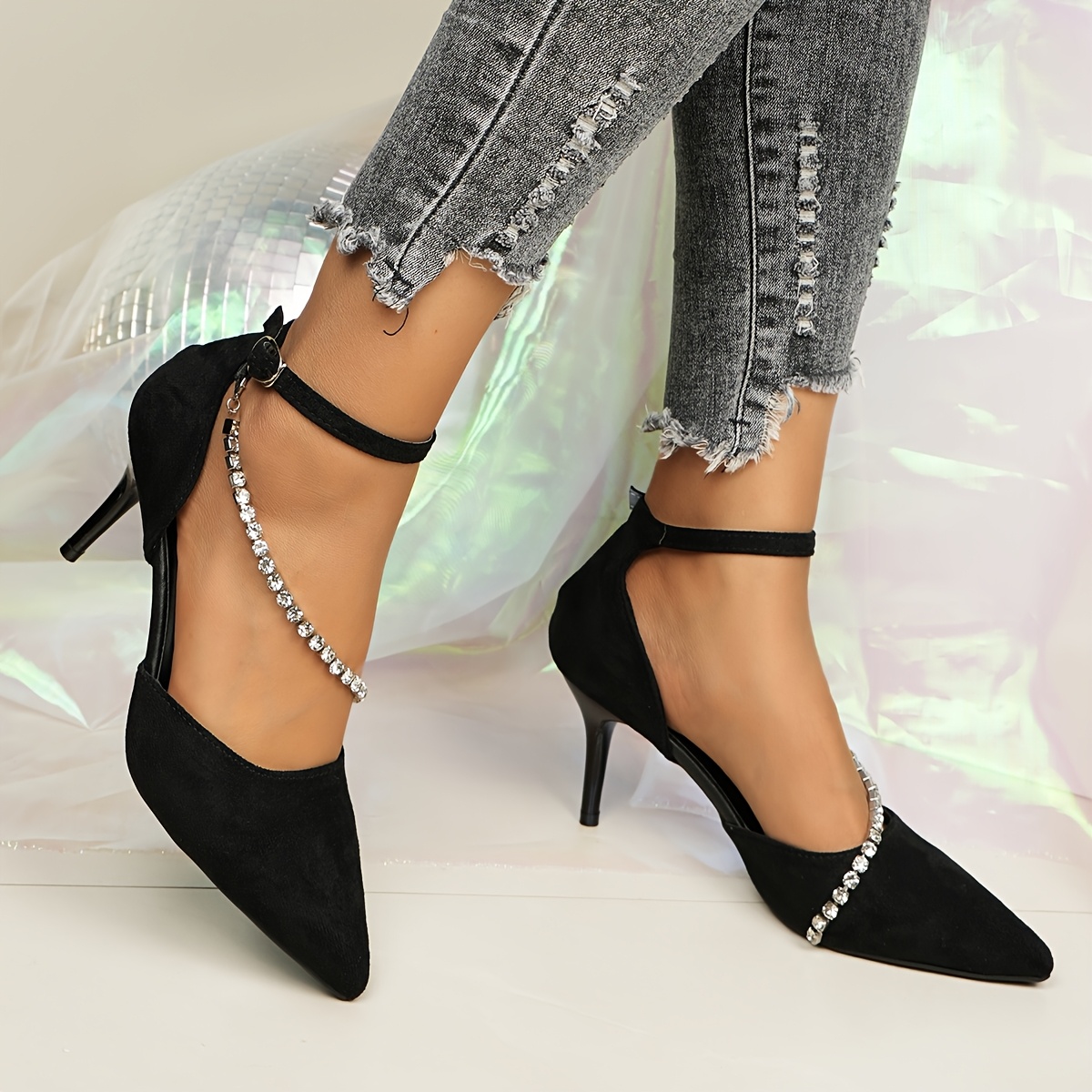 Elegant Black Pointed Toe Stiletto Heels with Crystal Embellishments  Lightweight, Ankle Strap Design, D'* Style Stylish Hig