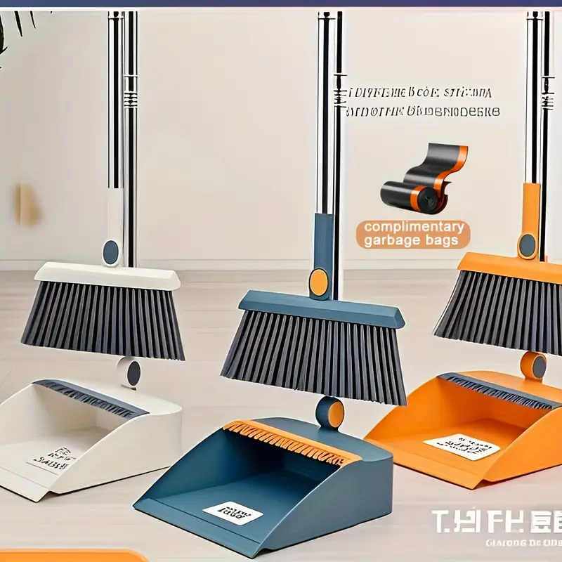 1 set heavy-duty rotatable broom and dustpan with long handle, ergonomic grip & rotating mechanism - heavy-duty floor sweeper system with removable dustpan & broom heads for hard floors, carpet-like - ideal for home, kitchen, office, back-to-school cleaning - space-saving design (white/black, blue, orange, red, grey) - compatible with trash bags, broom with dustpan, hard bristle broom for cleaning, outdoor pavement sweeper and dustpan, sweeper broom, Product details 1